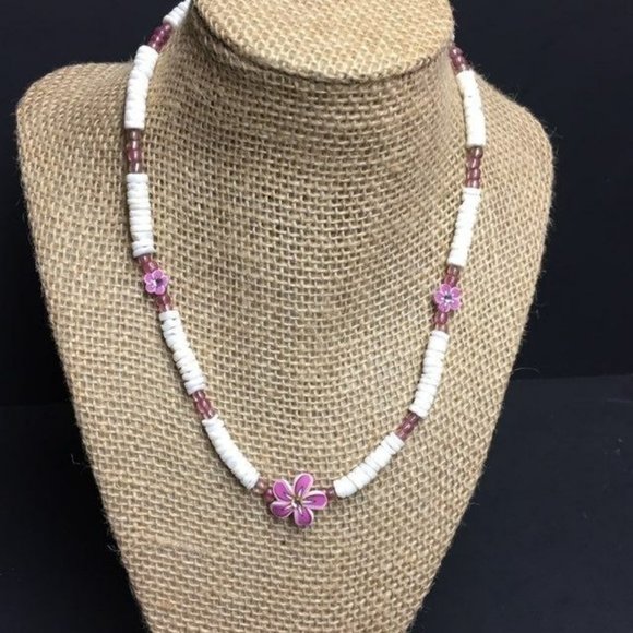 Claires Flower Shell Necklace Purple White Bead Puka Pooka Beach Retro Boho - Picture 1 of 8